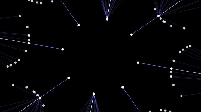 A zoomed-in, macro perspective of white spherical nodes and thin blue connecting lines that fan out in a mechanical, petal-like arrangement against a black void.