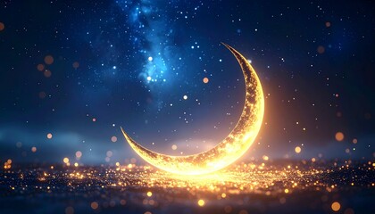Naklejka premium Glowing Crescent Moon Over Starry Night Sky Magical Ramadan Fantasy Art