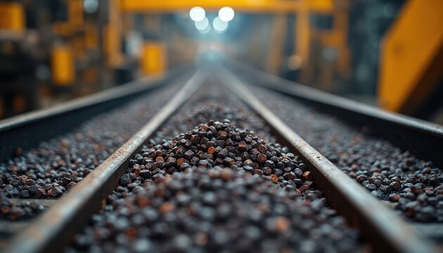 Pile of iron pellets on industrial railway tracks. Metal spheres are stacked high between rusty rails leading into blurry factory background. Raw material for manufacturing.