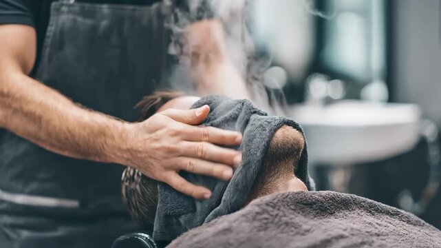 Closeup of barber applying hot towel wrapped around mannequins face soft steam highlighting focused towel texture against blurred background.