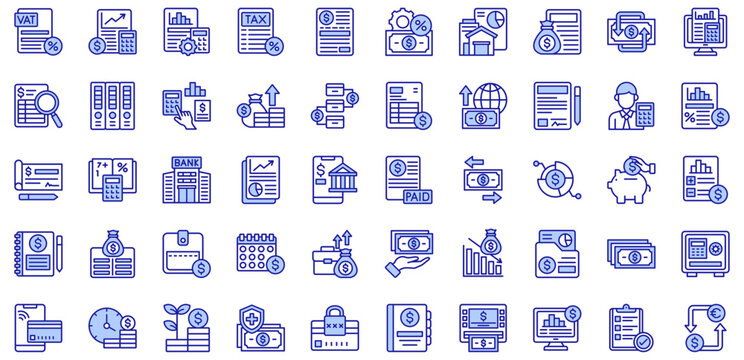 Accounting and Finance style icons collection. Vector illustrations. Vat, Bookkeeping, Taxes, Bank book, Money management. Pro Vectors.	
