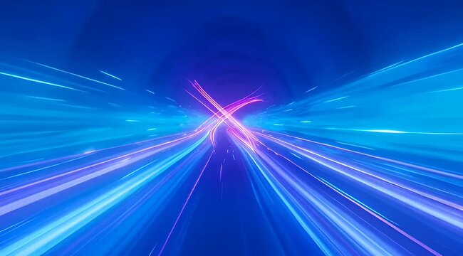 Abstract hyper tunnel with intersecting purple and blue lights accelerating forward