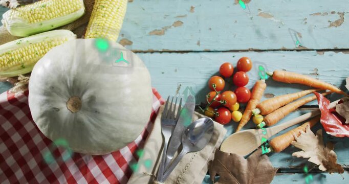 Pulsing dot appearing over pale pumpkin, holograms drifting across table mapping harvest data