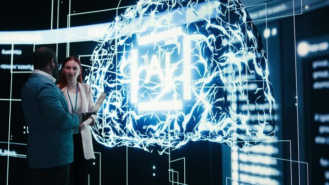Team of engineers monitors progress of artificial intelligence neural network evolution using laptop. Teamworking colleagues observing rapid development of AI machine learning tech, camera A