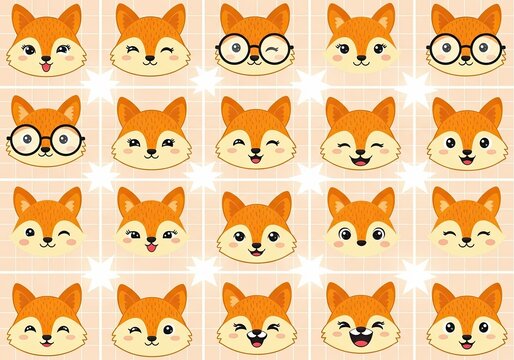 Collection of cute fox faces with various expressions and glasses on a checkered background