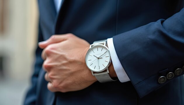 Man in dark blue suit checks modern silver wristwatch with white dial. Elegant timepiece on male wrist, sharp image detail, business attire close up.