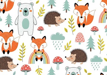 Obraz premium Woodland creatures pattern with foxes bears hedgehogs and rainbows