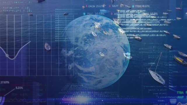 Translucent 3D globe fading in over water, rotating, syncing boat icons, mapping vessel positions