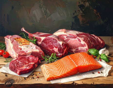 Mix of raw meat and fish . Salmon , beef , pork , chicken staek . Top view photography.