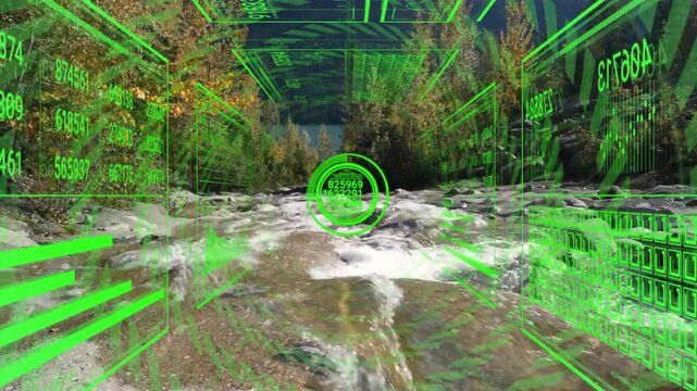 POV camera moving downstream, HUD reticle and numeric grids scanning river for technology mapping