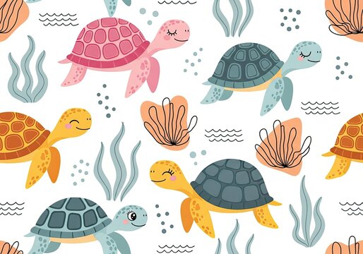 Cute sea turtles pattern with seaweed and ocean elements on white