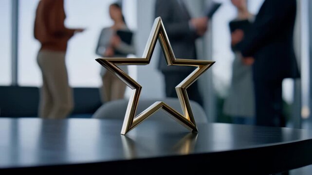 Golden star award trophy on dark table with blurred business executives in background, concept for achievement recognition, corporate excellence and career success