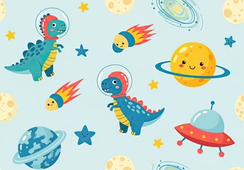Obraz premium Space adventures with astronaut dinosaurs, planets, and UFOs on blue