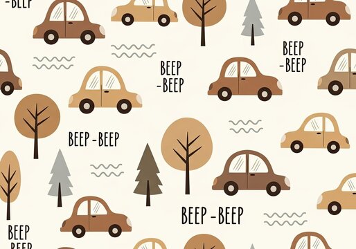 Cute cars and trees pattern with Beep Beep text on cream background
