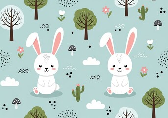 Fototapeta premium Cute pattern of bunnies and trees with flowers and clouds on mint background