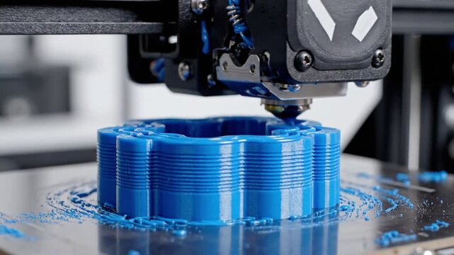 3D printer creates a blue object in a workspace with advanced technology setup