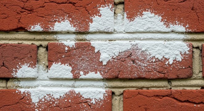 Close up view shows white residue deposited across textured reddish brown exterior masonry units and mortar lines