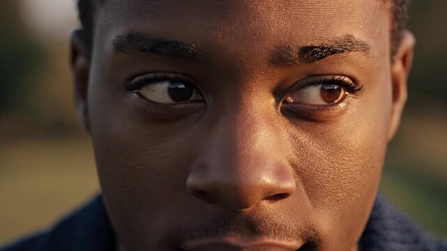 Close-up of a man looking directly at the camera in an outdoor setting during sunset