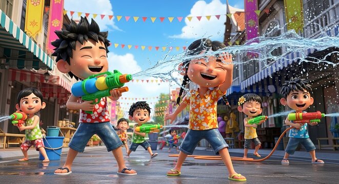 Kids Enjoying Water Fight in Colorful Summer Street Festival