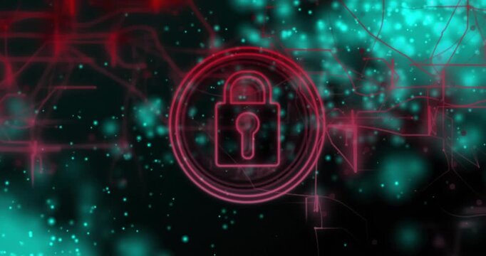 Faint red circle appearing, neon padlock focusing rings forming centering settling to show security