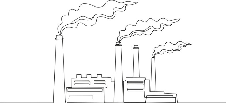 Continuous one line drawing of industrial factory buildings with smoke stacks emitting clouds into the air
