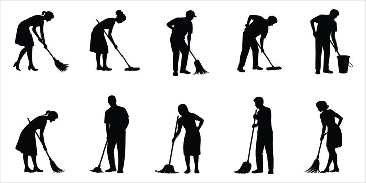 Silhouettes of people cleaning with mops and brooms on white background cleaner janitor