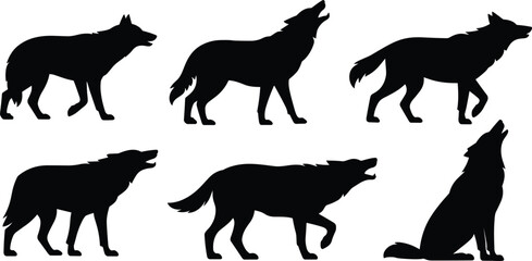 Fototapeta na wymiar Six Black Silhouettes of Wolves in Different Poses Including Howling and Walking wolf animal