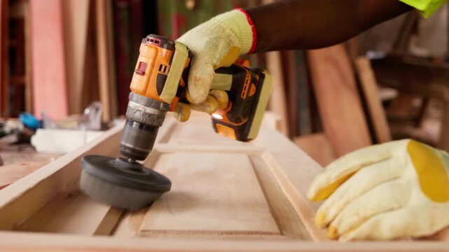 Close-up, hand drill with a brush attachment to refine a wooden door panel in his workshop