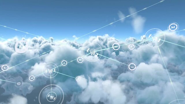 Scene load driving camera pan through 3D clouds, icons floating and linking showing cloud services