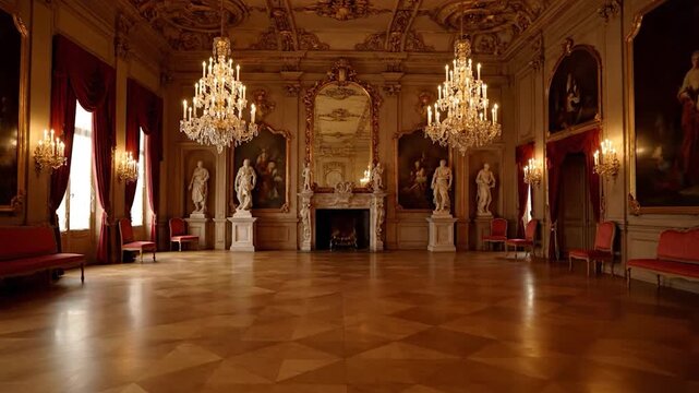 Grand Ballroom Interior with Ornate Chandeliers and Elegant Decor.