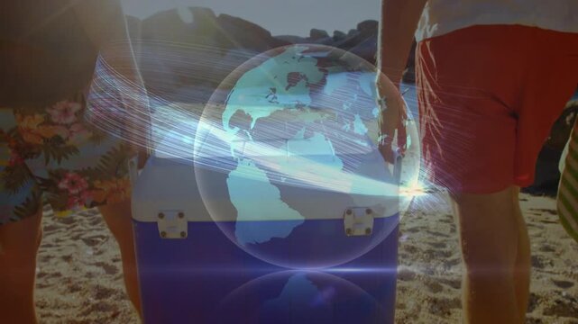 Friends with cooler walking beach, sparking digital globe rotating over lid, for travel marketing