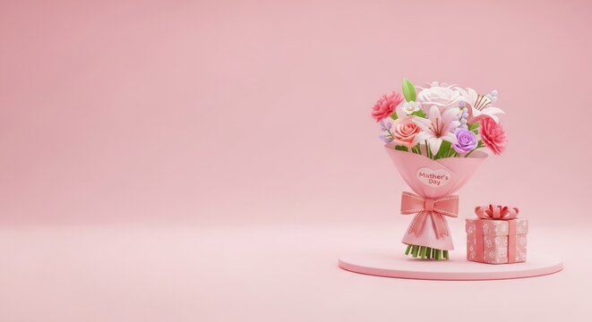 Beautiful Mother&rsquo;s Day Bouquet and Gift on Soft Pink Background