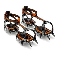Heavy duty mountaineering crampons isolated on pristine white background rugged alpine climbing gear