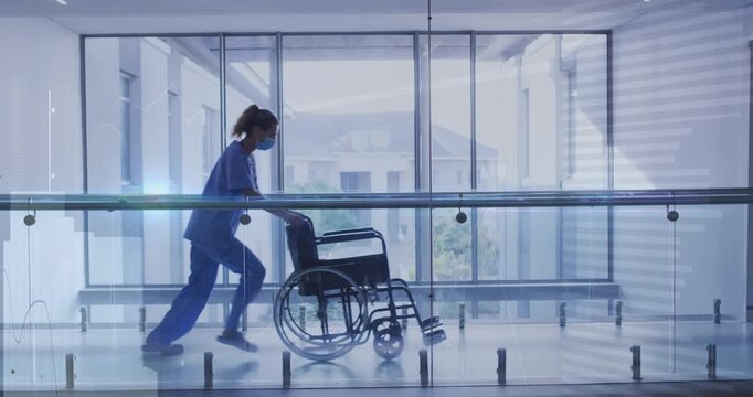 Nurse entering left grabbing wheelchair, pushing fast while doctor hurrying on phone for transfer