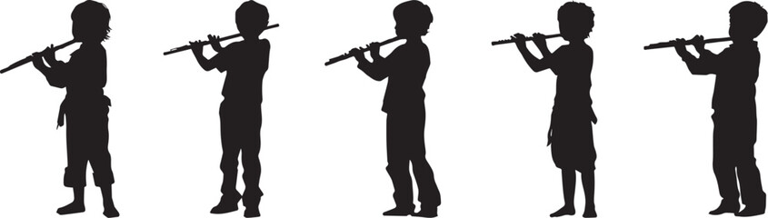 Black silhouette of a child playing a flute or recorder, standing pose, artistic profile. Set of 5 black silhouette people playing trumpets vector © Nazia
