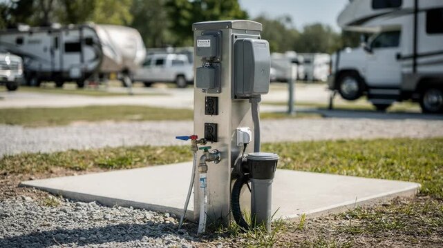 Medium shot of a fullhookup RV pedestal including power water and sewer connections with sharp detail on the utility panel and blurred vehicles in the background