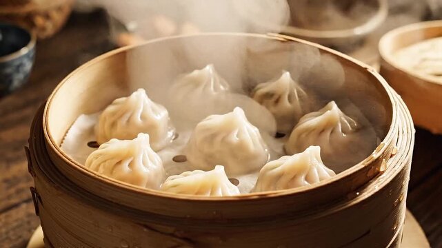 chinese steamed dumplings on traditional bamboo basket