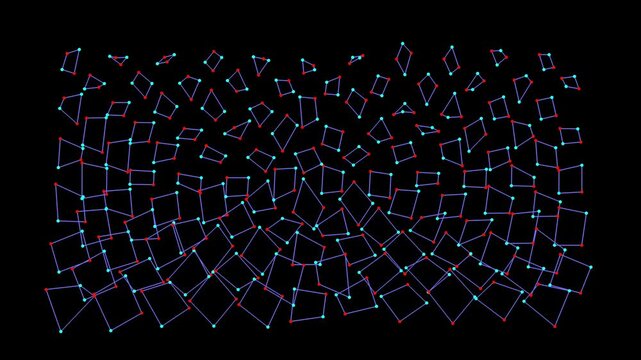 A grid-like field of distorted blue square outlines with red corner nodes that twist and spin in a synchronized, undulating wave pattern.