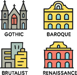 Naklejka premium Architectural Styles Gothic Baroque Brutalist Renaissance Buildings.