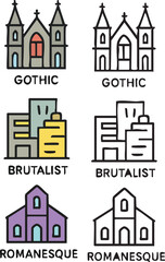 Obraz premium Architectural Styles Gothic Brutalist Romanesque Illustrations.