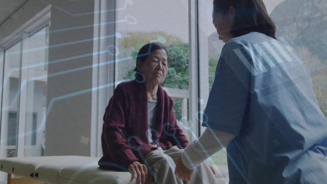 Vertical video: Nurse approaching, kneeling and touching senior knee to check, tech overlay growing