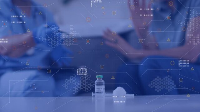 Focus settling on vaccine vial, HUD scanning label and showing dose data for medical staff