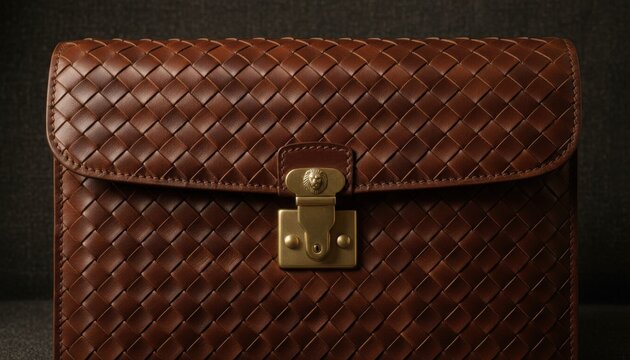 Exquisite woven leather briefcase with ornate brass closure showcases rich, classic style