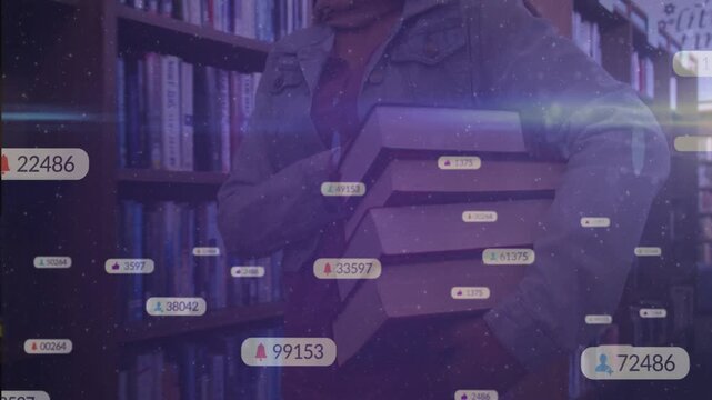 Woman carrying stack of four books in library, steadying load as notification badges multiplying