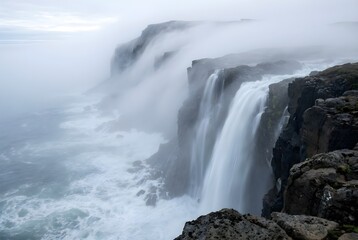 Fototapeta premium Dense ocean fog rolling dramatically over steep coastal cliffs like slow motion waterfall mist