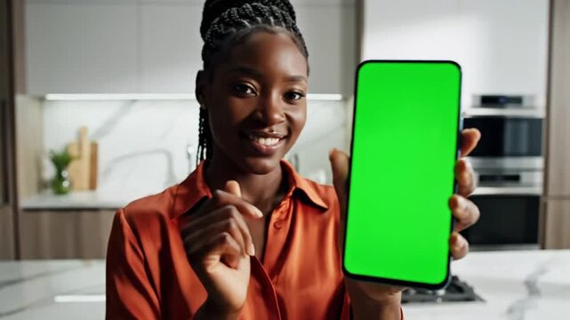 Woman points at smartphone screen in modern kitchen setting