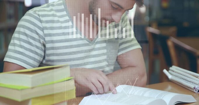 Vertical video: Male student tapping page, causing HUD charts animating across book for study