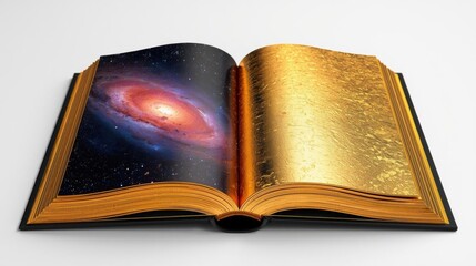 An open book displays a vibrant galaxy on one page and shimmering gold texture on the other, blending cosmic wonder with luxurious elegance.