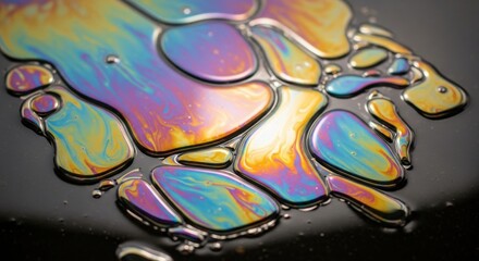 Obraz premium Close up of iridescent oil slick patterns with vibrant, swirling colors reflecting light on a fluid surface.