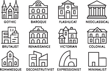 Fototapeta premium Architectural Styles Line Art Illustrations.